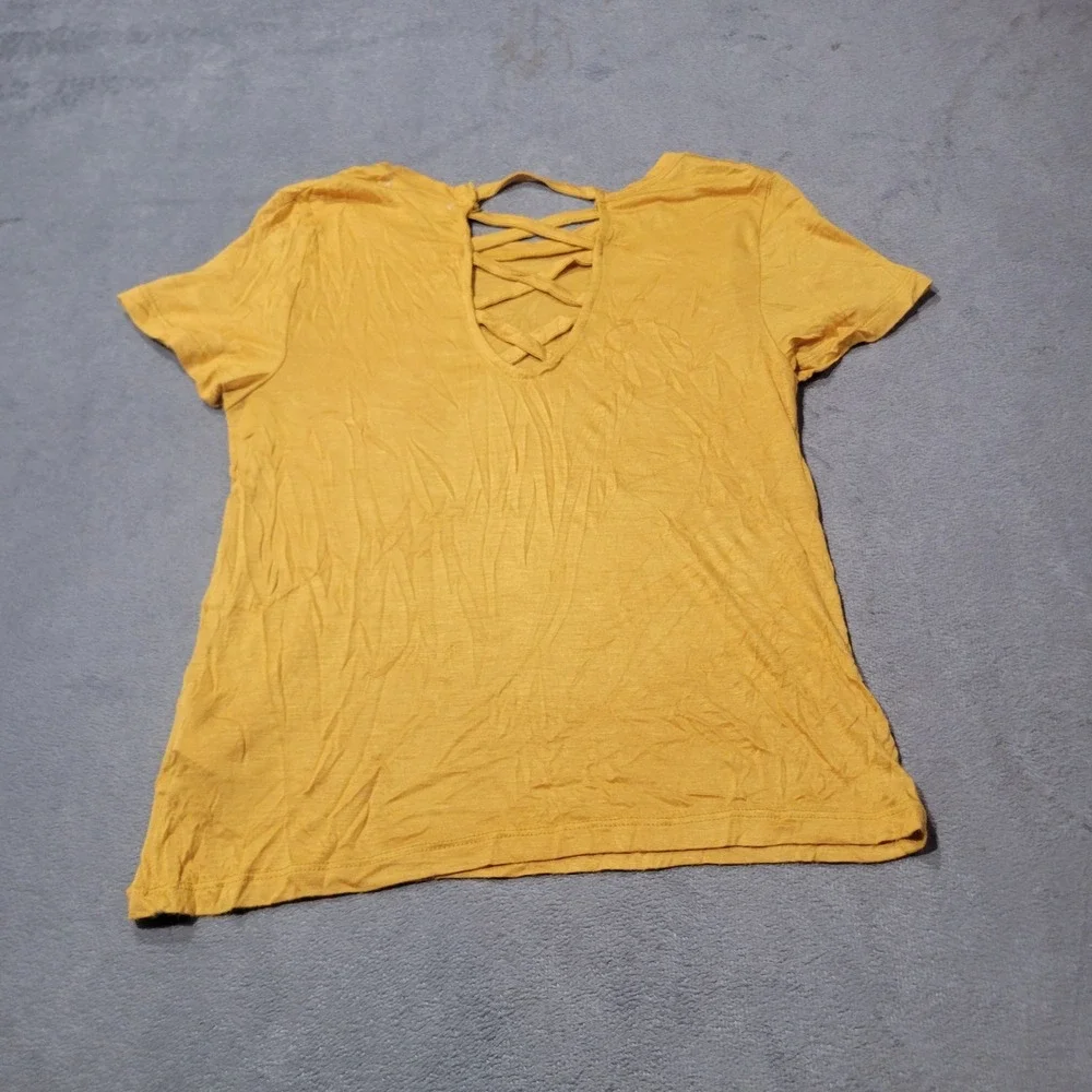 Glitz T-Shirt Girls Size M Mustard Yellow Pocket Lattice Back Strappy Casual SEO